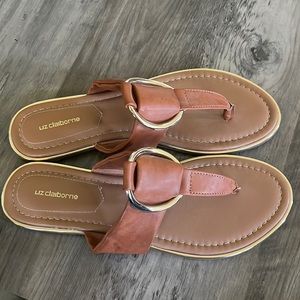 Never worn, size 9, Liz Claiborne tan sandals with gold trim